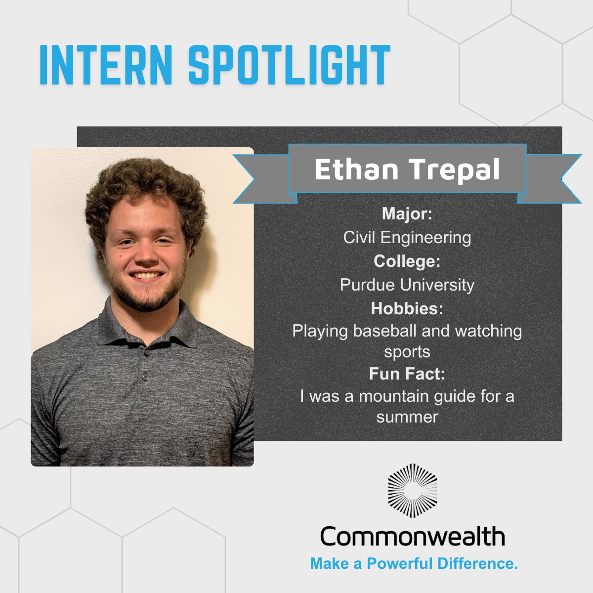 Commonwealth_HQ's tweet image. Ethan Trepal is a student at Purdue University, interning in our Substation Engineering department this summer! Thank you for spending your summer with us, Ethan.
#OneCommonwealth #SummerInternshipProgram #SummerInterns