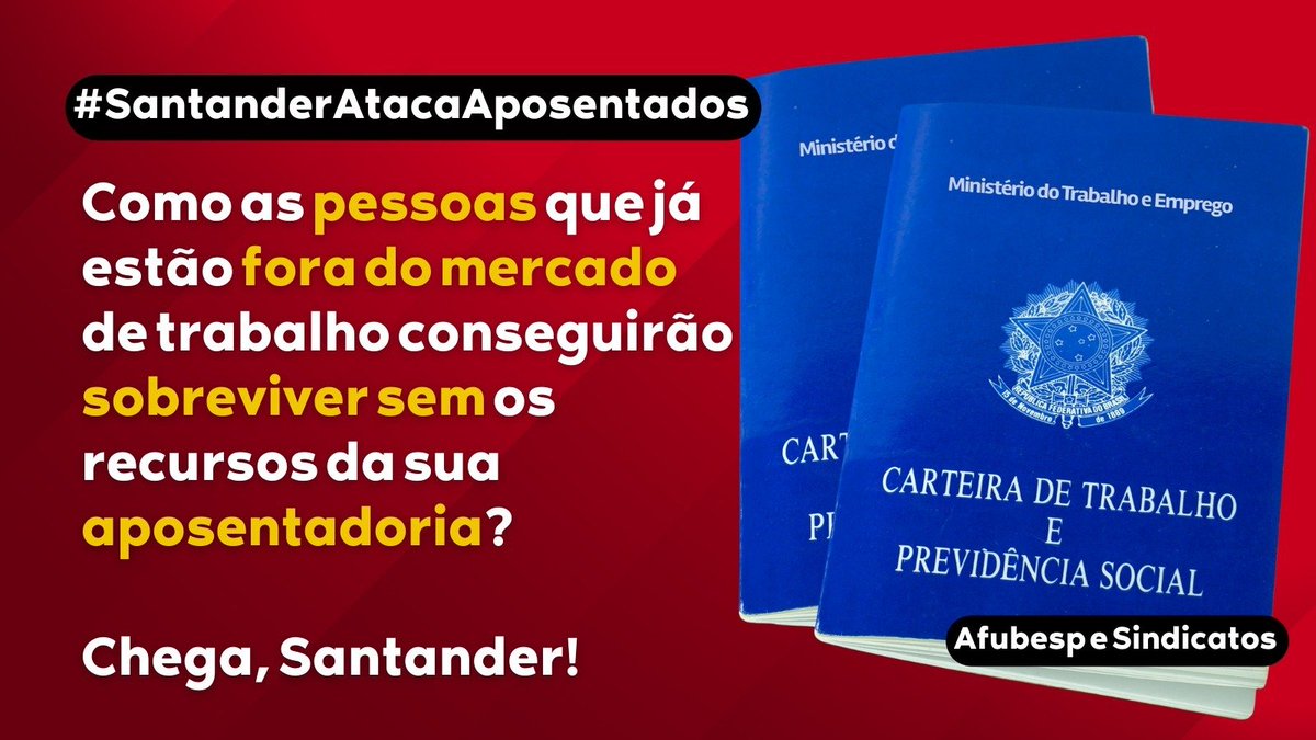 JoaoPaulo5050's tweet photo. Como as pessoas que já estão fora do mercado de trabalho conseguirão sobreviver sem os recursos da sua aposentadoria? Chega, @santander_br! #SantanderAtacaAposentados @minprevidencia @AnaBotin https://t.co/GXB3sSUkq2