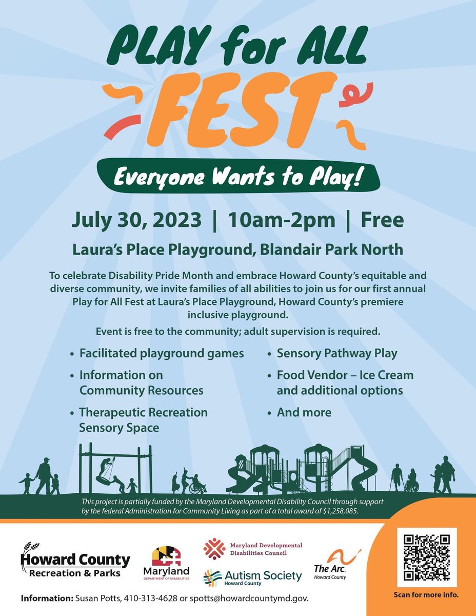Join us for “Play for All Fest” Sunday at Laura’s Place playground at Blandair Park North, 10-2. Free festival honoring #DisabilityPrideMonth  #PlayForAll <a href="/HoCoGov/">Howard County Gov't</a>, @HCASociety, <a href="/archoward/">The Arc of Howard County</a>, <a href="/MdDDCouncil/">Maryland Developmental Disabilities Council</a>