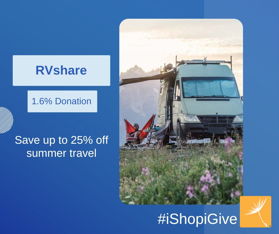 Save up to 25% on your 2023 travel by booking via <a href="/RVshare/">RVshare</a> and earn a #donation when you book via iGive! ow.ly/YOMP50Pl5bf
#iGiveDoYou? #iShopiGive #ChangeShoppingForGood