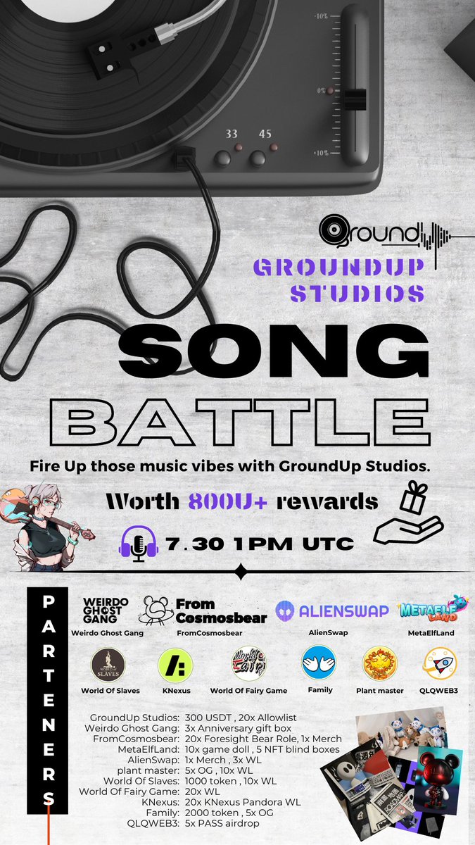 Brace yourselves as GroundUp join forces with 10 incredible web3 music communities to host an electrifying Song Battle! Mark your calendar and fire the music vibes🤟! Time: July 30, 1pm UTC Link: twitter.com/i/spaces/1ypKd… ❤️+ RT + Tag 3 to win 30U 🎁