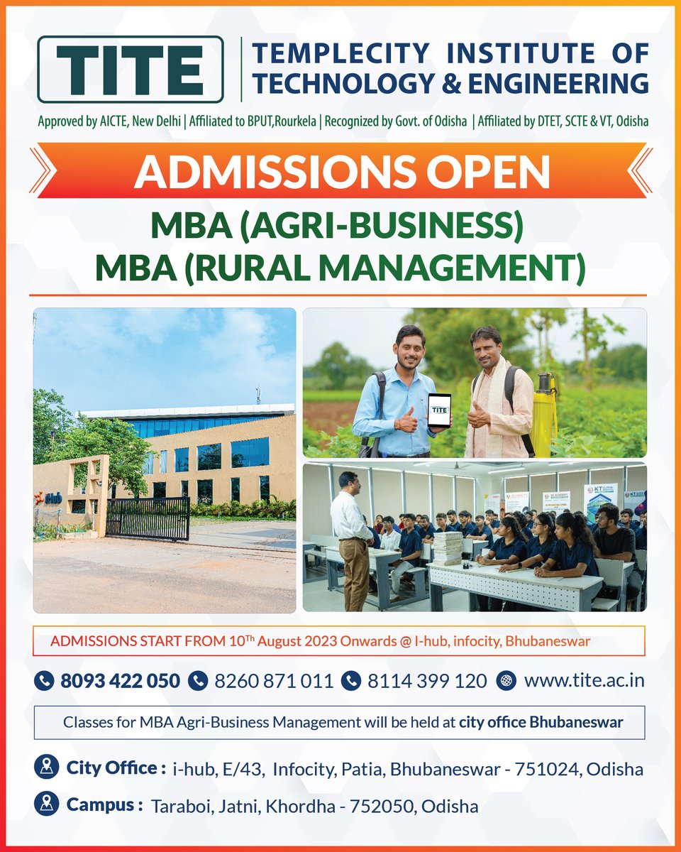 Admission Notice

Applications Invited for admission into MBA (Agri-Business) and MBA (Rural Management) from 10th August 2023 onwards.

#AdmissionNotice #MBA #AgriBusiness #RuralManagement #ApplyNow #TITE