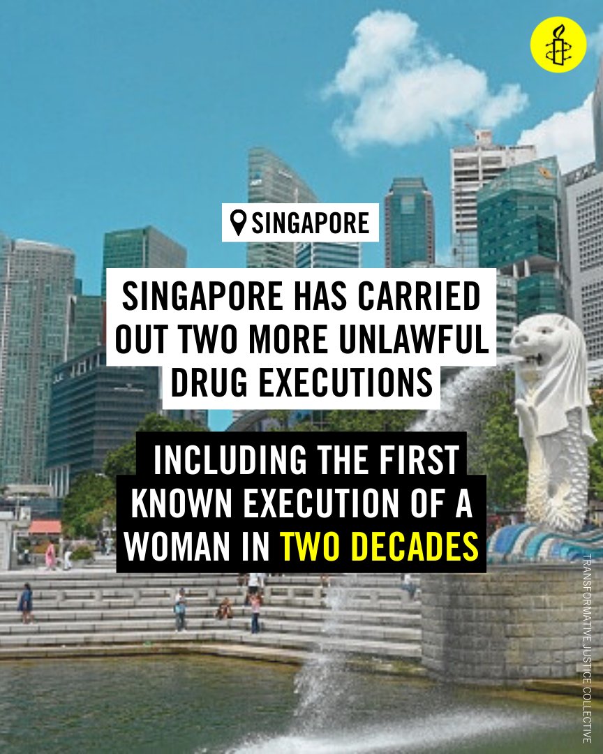 amnesty's tweet photo. The authorities in Singapore must stop carrying out unlawful executions in the name of drug-control. There is no evidence that the death penalty has a unique deterrent effect on crime or that it has any impact on the use and availability of drugs. It's high time for abolition. https://t.co/hv6jqUGHcC