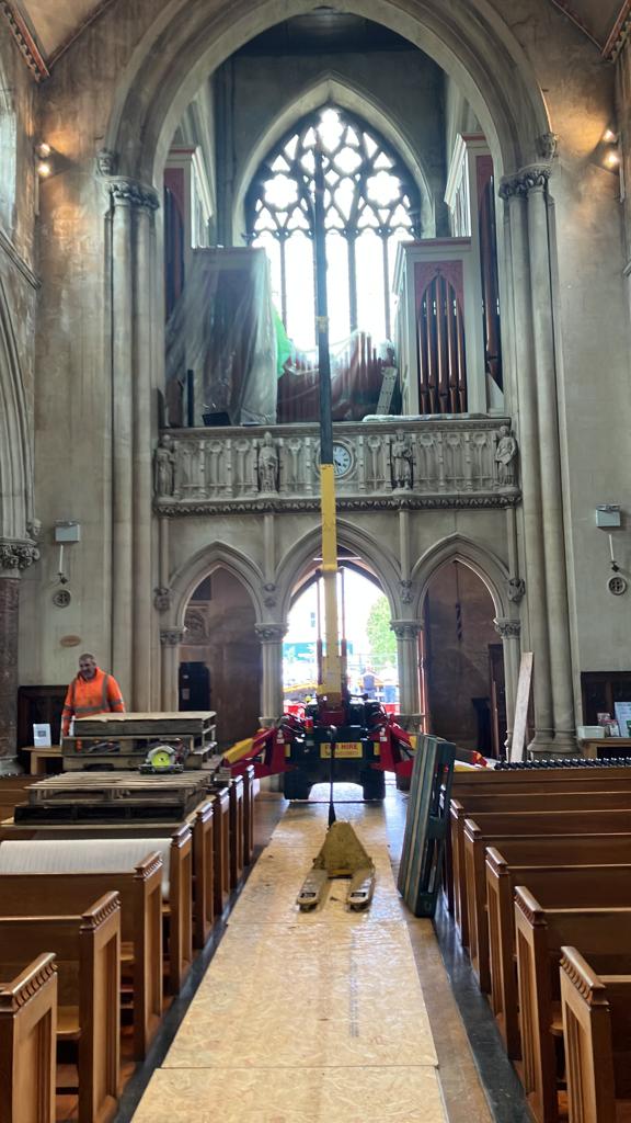 spidercranes's tweet photo. RESTORATION WORK: Maeda MC305 pictured here lifting Bells down in a large church in the centre of Bath this week. The spider crane is perfect for this type of work as they are lightweight and can lift heavy objects up or down. https://t.co/BAhwvijMaf