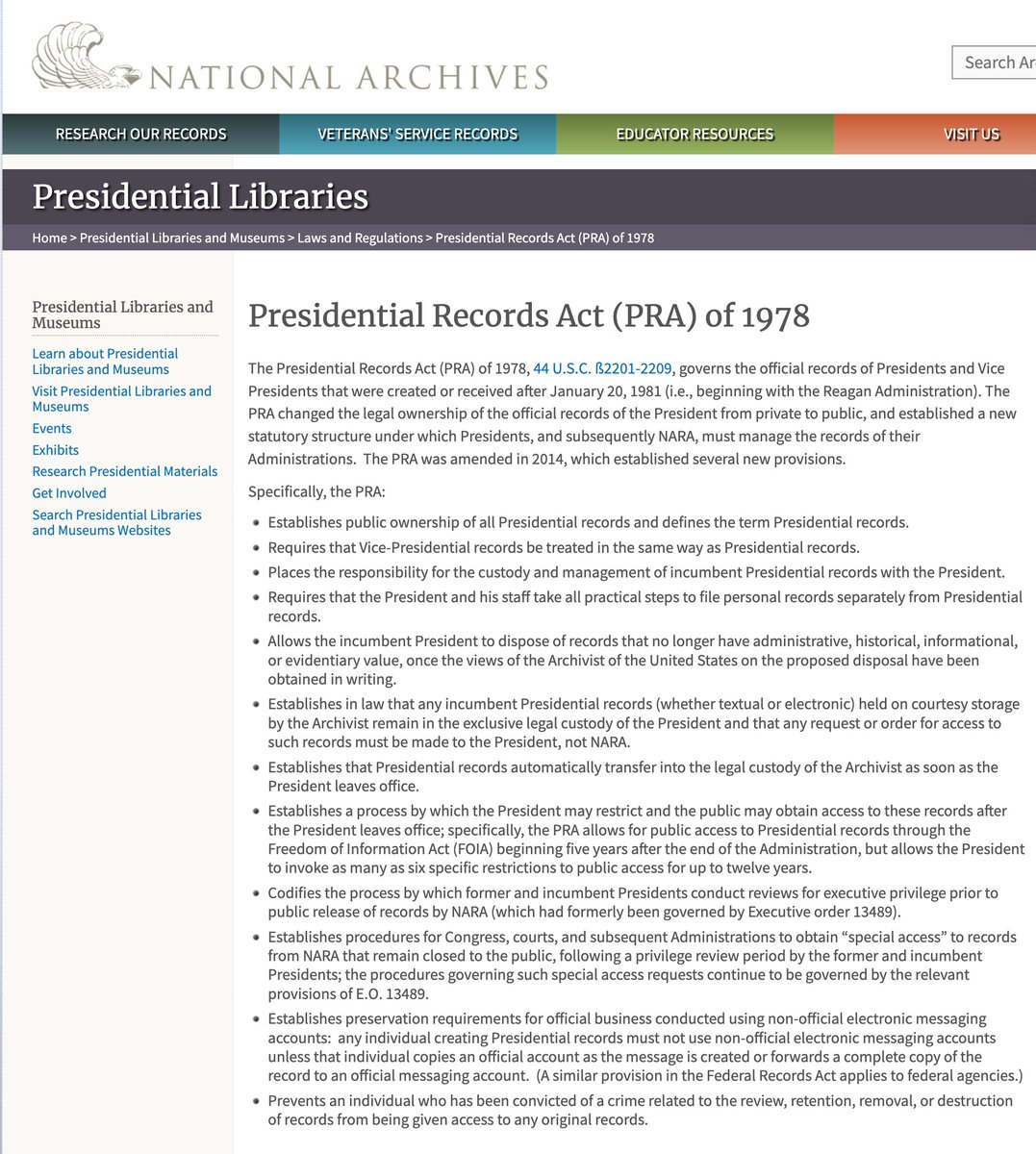 Those who are frantically trying to come up with defenses for Trump by claiming the Presidential Records Act allows him to keep whatever the heck he wants, are absolutely wrong. 

The very specific reason that the Presidential Records Act was created was because President Richard