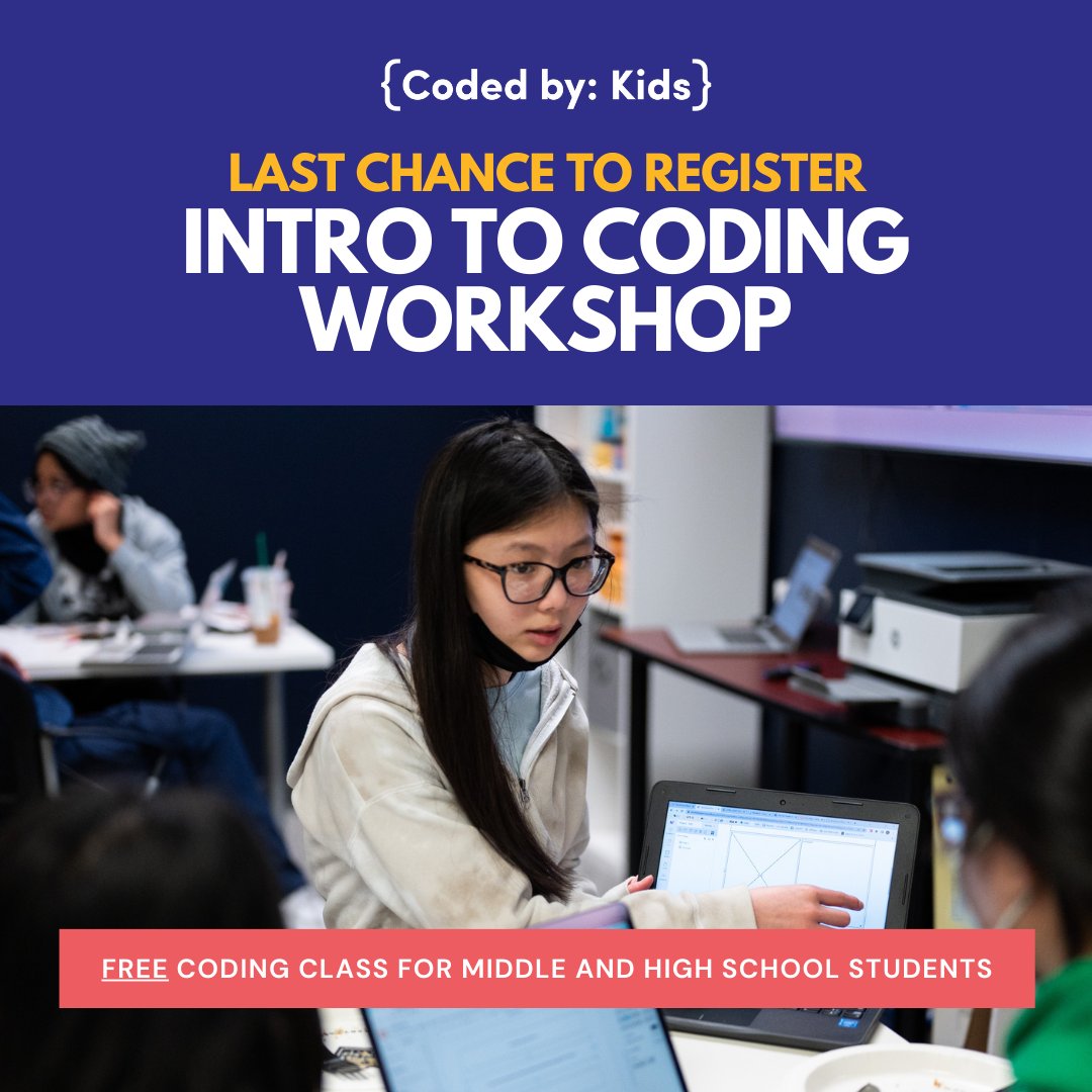 _codedby's tweet image. This is your LAST CHANCE to register for the July 29th #IntroToCoding Workshop. Open to middle and high school students, this FREE and in-person class will give beginners the foundation they need to learn HTML and CSS. Sign up now: bit.ly/3px22xy
