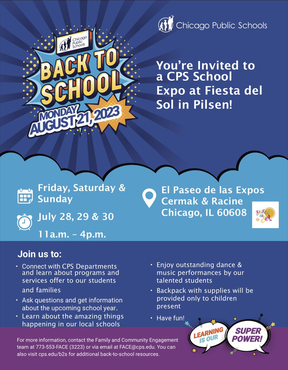 CPSFACEN7's tweet photo. Stop by our @ChiPubSchools expo this weekend @fiestadelsol 11 AM- 4 PM at Cermak &amp; Racine
#thebestarewithCPS #learningisoursuperpower #FiestadelSolChicago https://t.co/jOAQ3j5GLe
