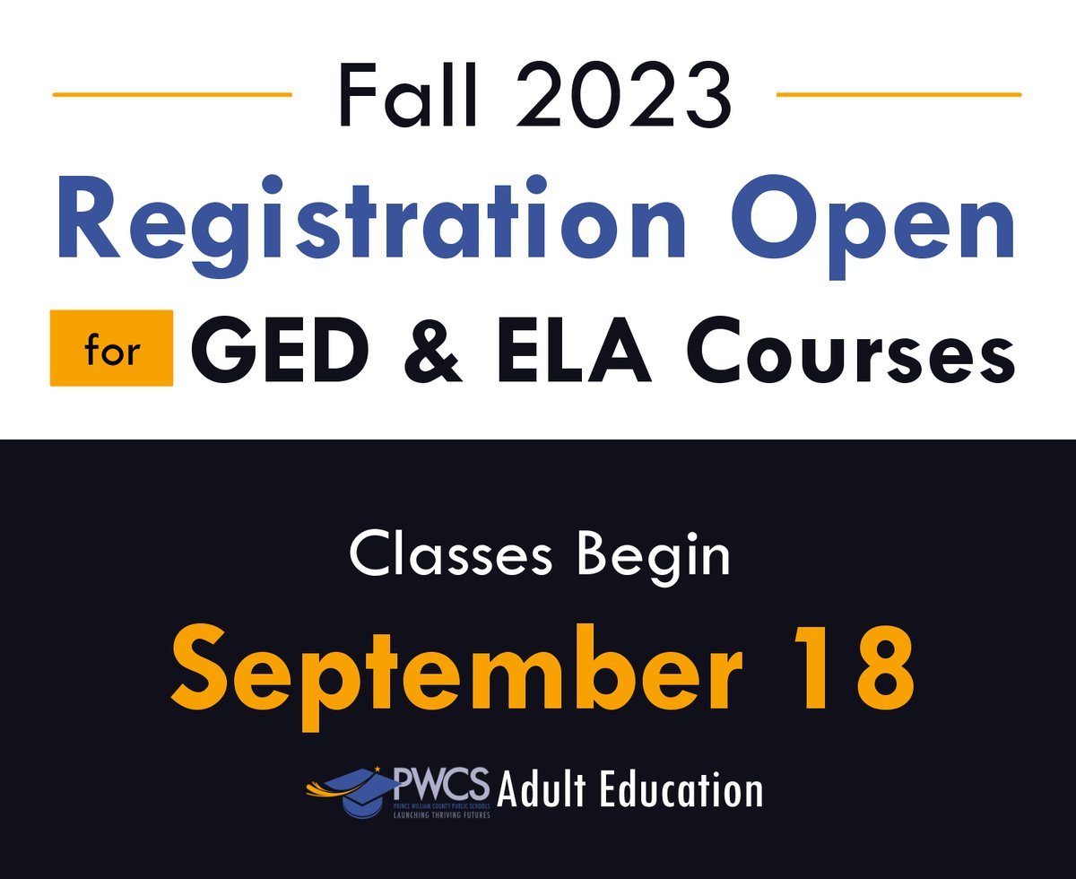 Adult Education, Prince William County Schools (@pwcsadulted) on Twitter photo Registration is open for GED and English Language Acquisition (ELA) courses! 
In-person and Online courses are available for fall registration. More courses coming soon!
Visit pwcs.edu/AdultEd for more information! Registration is open for GED and English Language Acquisition (ELA) courses! 
In-person and Online courses are available for fall registration. More courses coming soon!
Visit pwcs.edu/AdultEd for more information!