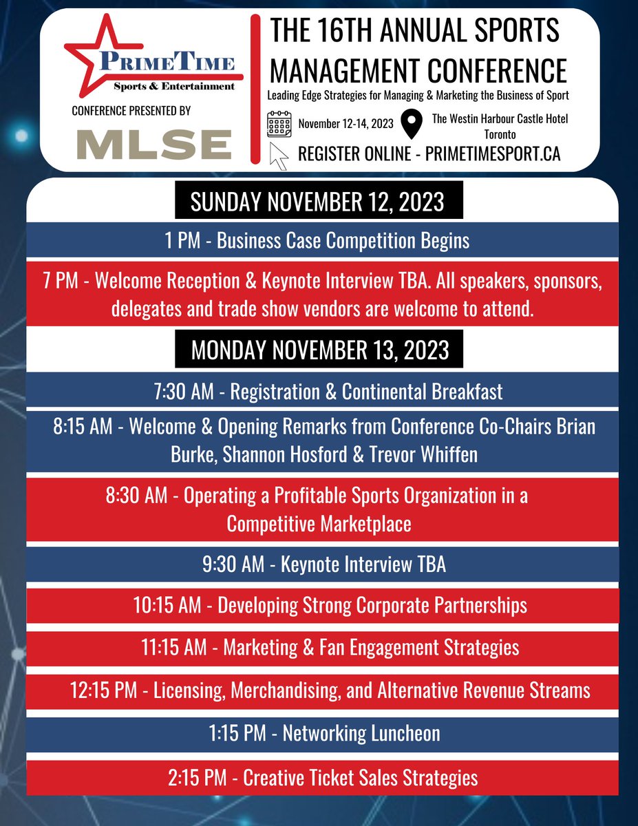 PrimeTimeSE's tweet photo. SCHEDULE DROP 👀🔥

Don’t miss the 2023 PrimeTime Sports Management Conference Presented by @MLSEPR Schedule - available now! Stay tuned for weekly confirmed speaker announcements, contests and more!

🔗| https://t.co/ymPuCUHuTI 

#PrimeTime2023 #SportsBusiness #PTSE2023 #Toronto https://t.co/N4sCVJbBd3