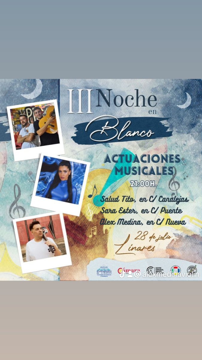 AlexMedinaLive's tweet photo. Esta noche a partir de las 21:00h estaré actuando en C/Nueva #linares para la tercera edición de la #nocheenblanco 

#AlexMedina #alexmedinaviolin #alexmedinaelectricliveviolin #electricviolin #electricviolinist #musicperformance #musicaelectronica #covers  #ayuntamientodelinares https://t.co/185qCHAwPr
