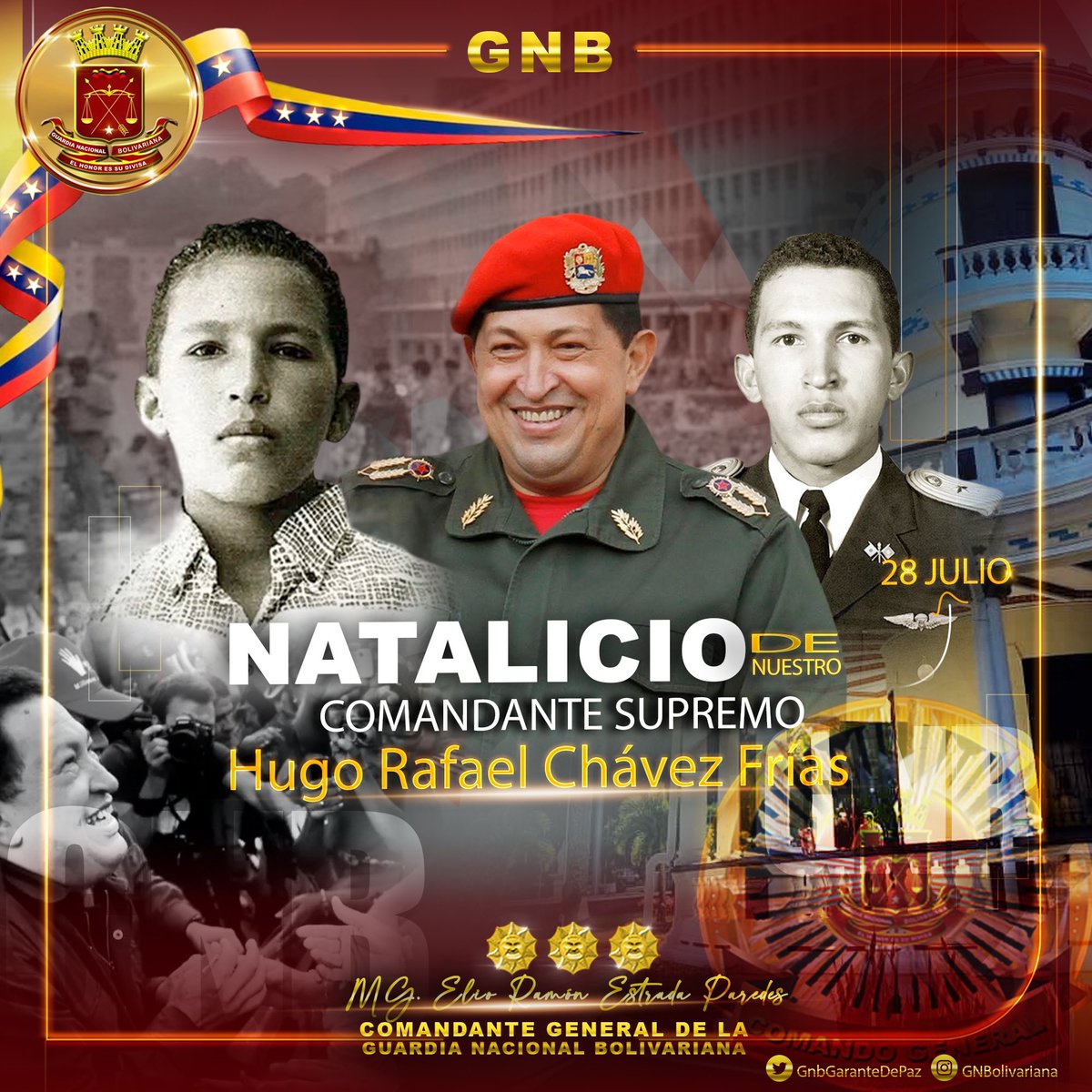Desde la Guardia Nacional Bolivariana, conmemoramos el natalicio de nuestro Líder de la Revolución Bolivariana, el comandante eterno Hugo Chávez Frías. 
El inquebrantable, el hombre del Pueblo. Hoy su legado de amor a la Patria permanece intacto. 
¡CHÁVEZ VIVE! #ComandanteAmigo