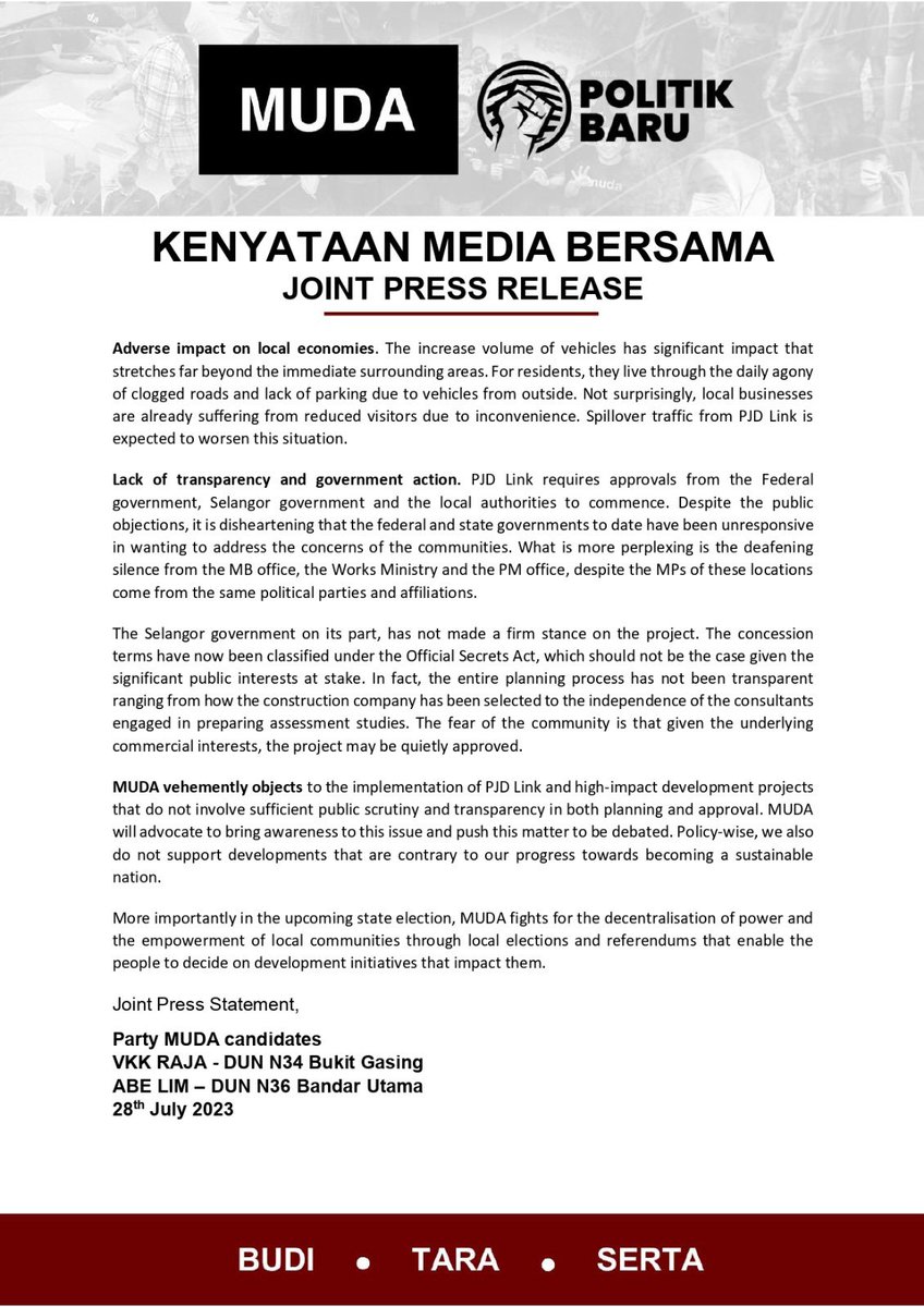 Joint Statement Press Release
PJD Link: Why public scrutiny is critically needed to prevent adverse public projects. 

VKK RAJA &amp; Abe Lim
28th July 2023
#politikbaru #MUDA #ourpjourcommunity