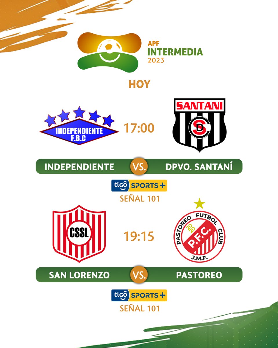 #IntermediaAPF
☑️La decimonovena jornada comienza en Campo Grande, donde se miden Independiente CG y Deportivo Santaní, desde las 17:00.

☑️Más tarde, Sportivo San Lorenzo recibe a Pastoreo en el estadio Günther Vogel, a partir de las 19:15.
📺Ambos encuentros, por Tigo Sports+.
