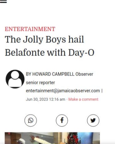 Celebrating the legacy of Belafonte, The Jolly Boys bring a fresh twist to 'Day-O'. Check out this incredible feature in the <a href="/JamaicaObserver/">Jamaica Observer</a> : jamaicaobserver.com/entertainment/… <a href="/jbgeejam/">jbgeejam</a> <a href="/imovieman/">iMovieman</a> <a href="/dalevirgo/">Dale Dizzle Virgo</a> <a href="/geejammusic_/">Geejam Music</a>  #JollyBoys #DayO #BelafonteLegacy #GeeJam #Jamaica"