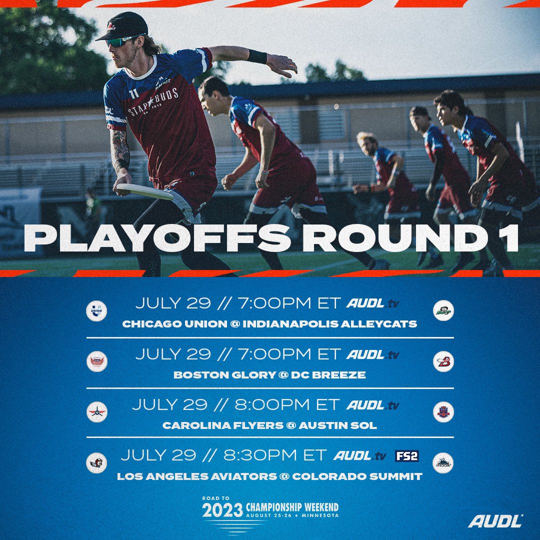 🌟PLAYOFFS🌟

All four divisions host first round action on Saturday night!

📺 AUDL TV