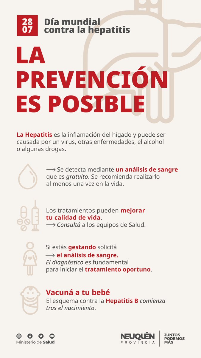 MinSaludNqn's tweet photo. ⭕️ Este Día Mundial contra las #Hepatitis es una gran oportunidad para recordar que la prevención de esta enfermedad es posible y que se detecta a través de un análisis de sangre de manera gratuita en los hospitales públicos y centros de salud. https://t.co/XsEQMgckQE