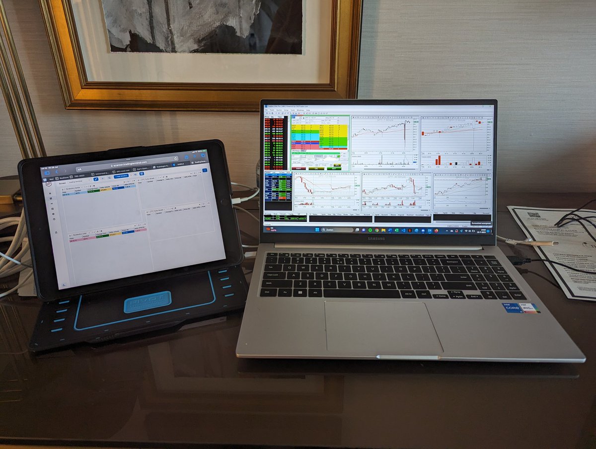 Last day of the week today, trading from Atlanta GA.
Just a quick glance at how my portable trading setup looks, just a 15' Samsung GalaxyBook with an older iPad.

@BearBullTraders #DayTrading