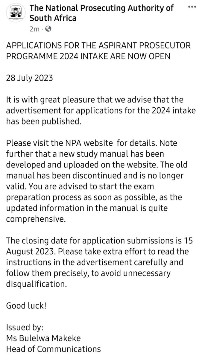 APPLICATIONS FOR THE ASPIRANT PROSECUTOR PROGRAMME 2024 INTAKE ARE NOW OPEN

Recruitment Advert: npa.gov.za/media/28-july-…
Updated Study Guide: npa.gov.za/sites/default/…