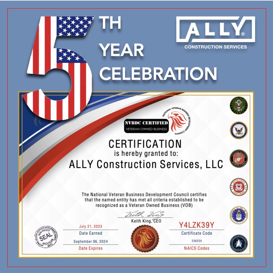 Proud moment for ALLY! We are honored to maintain our status as a certified Veteran Owned Business with #NVBDC for our fifth straight year! #ALLYConstructionSvcs #ALLY4Vets #MembershipWorks #veteranownedbusiness