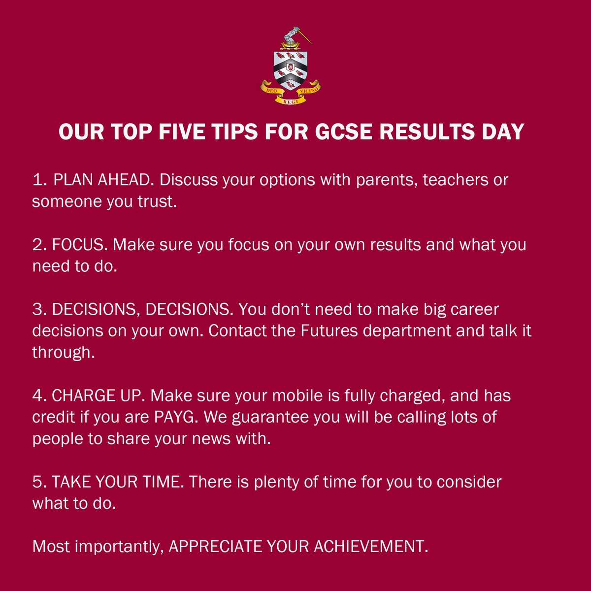 BromsSchool's tweet photo. Our top five tips for #GCSE students ahead of results day tomorrow. Good luck everyone!
#BromsResults #MyBromsResults #GCSEResultsDay #GCSEResults #BromsFifthForm https://t.co/PCWrdsXbzA