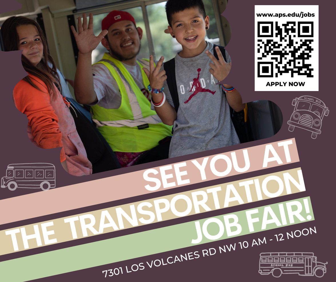If you are thinking about becoming a Bus Driver, today is the day!

See you at the APS Transportation Job Fair

7301 Los Volcanes Rd NW, 10 AM to 12 NOON

#BusDriverJobs #APSworks @APSrecruitment