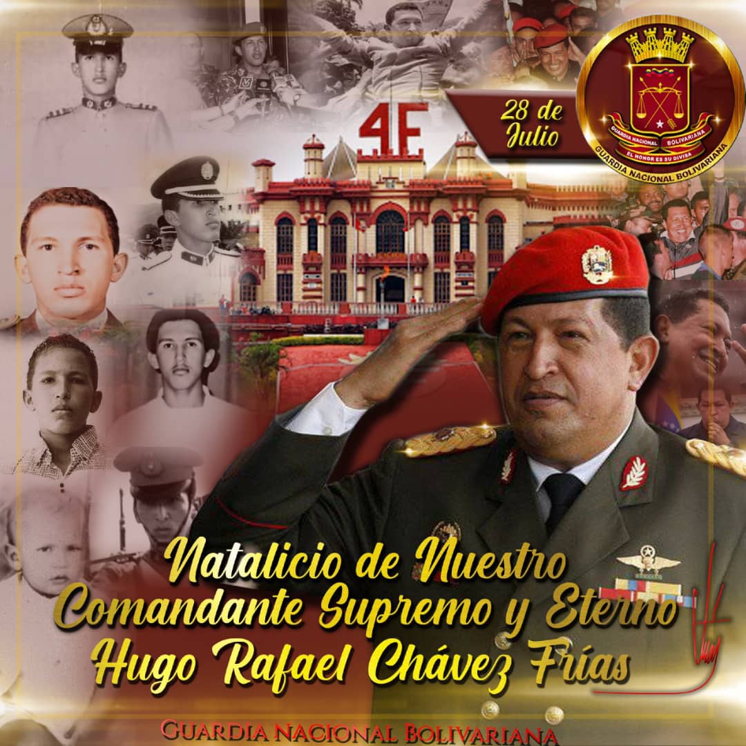 #28Jul •|  #AmigoComandante Hugo Chávez! Hoy recordamos y celebramos tu legado de lucha y esperanza, que nos inspira a seguir construyendo una Venezuela próspera y justa para todos. 
.<a href="/GnbGaranteDePaz/">Guardia Nacional Bolivariana</a>