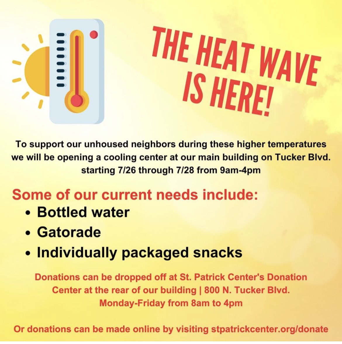 We will be opening the cooling center today (Friday) again 9a-4p @stpatrickcenter. 45-50 people served each day so far and all relieved to have a cool safe space to rest, the heat is brutal for our unhoused friends, if you can we are also in need of water and Gatorade!