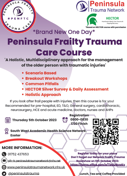 peninsulatrauma's tweet photo. ATTENTION EVERYONE:
Our Peninsula Trauma Network Frailty Trauma Training Day &amp; Roadshow Events now have their own posters with more info &amp; details provided! Also check out our new #PENFTC logo being used. Don't miss out on your place today: #frailtytrauma
https://t.co/yjXn2BUIfs https://t.co/yxjGOZbsp0