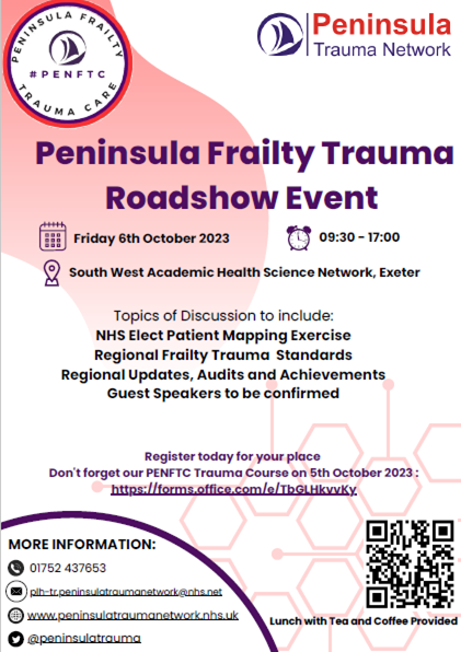 peninsulatrauma's tweet photo. ATTENTION EVERYONE:
Our Peninsula Trauma Network Frailty Trauma Training Day &amp; Roadshow Events now have their own posters with more info &amp; details provided! Also check out our new #PENFTC logo being used. Don't miss out on your place today: #frailtytrauma
https://t.co/yjXn2BUIfs https://t.co/yxjGOZbsp0