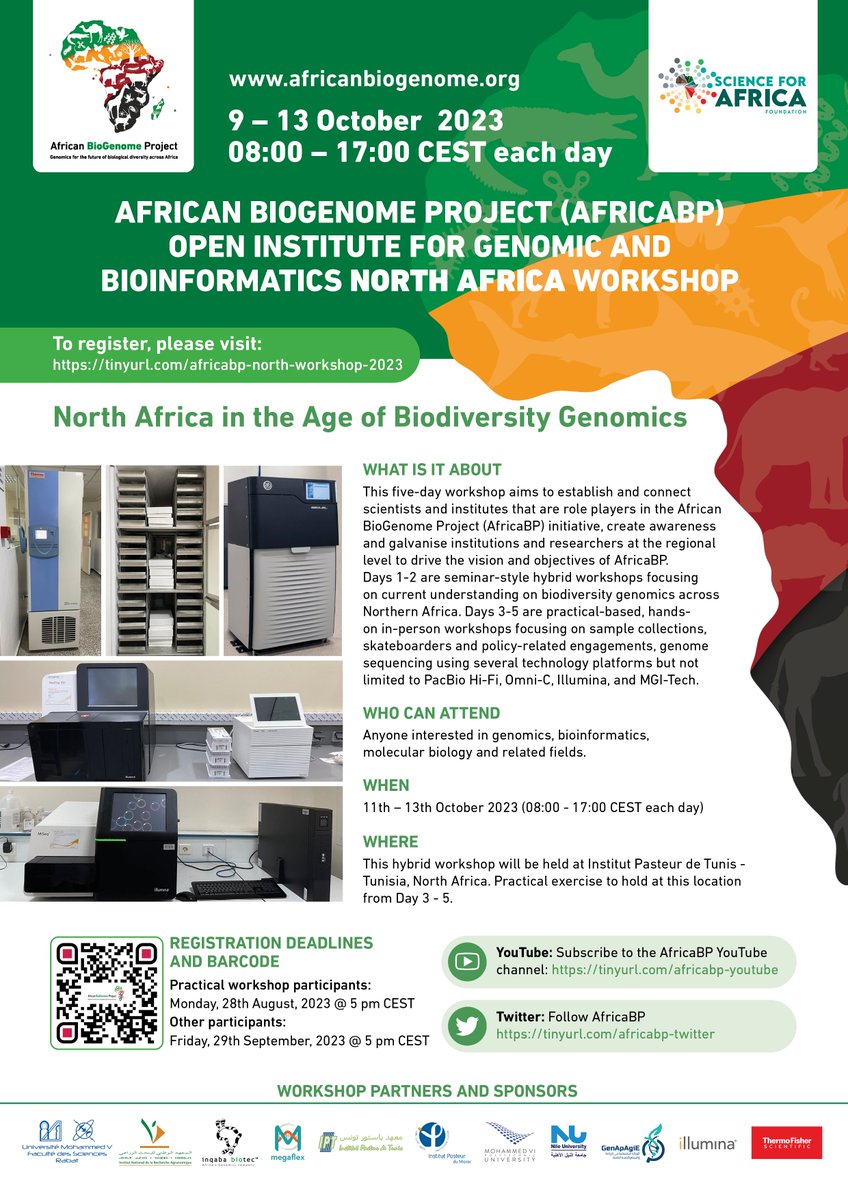 Excited to announce that <a href="/DAISEA_AfricaBP/">African BioGenome Project</a> 2023 North African Regional Workshop will be held in <a href="/Pasteur_Tunis/">Institut Pasteur de Tunis 🇹🇳 معهد باستور تونس</a>.
Save the Date: 9th – 13th October 2023
To register:  tinyurl.com/africabp-north…
Practical session program: melek-c.github.io/2023-10-09-Afr…
 <a href="/thecarpentries/">The Carpentries (at @thecarpentries@hachyderm.io)</a> <a href="/H3ABioNet/">H3ABioNet</a>