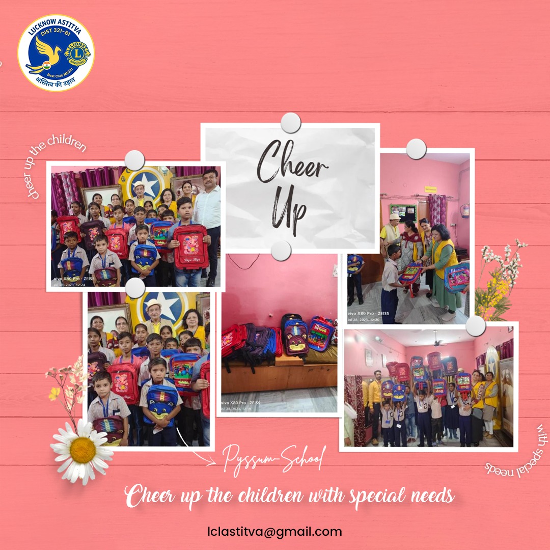Lions Club Lucknow Astitva, decided to cheer up the children with special needs at Pyssum- School for Children with Special Needs at Purania Railway crossing, by giving them school bags and stationery. Our VDG2, Lion Dr. R. C. Mishra, blessed the children with his presence Vice