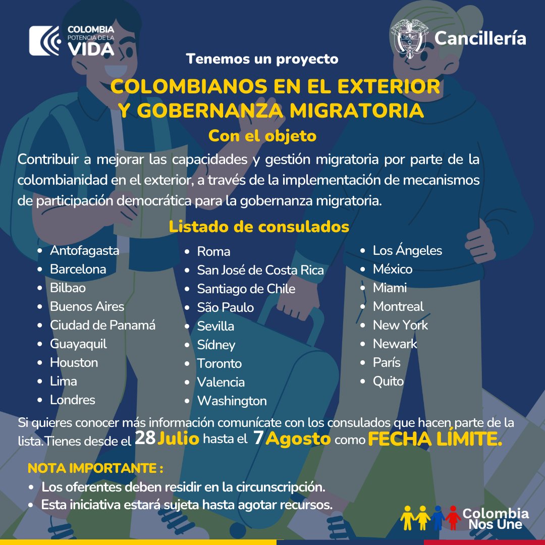 🇨🇴 |Colombianos en el exterior y gobernanza migratoria.

🔸Tenemos un proyecto para nuestro connacionales que quiere contribuir a mejorar las capacidades y gestión migratoria por parte de la colombianidad en el exterior...👇