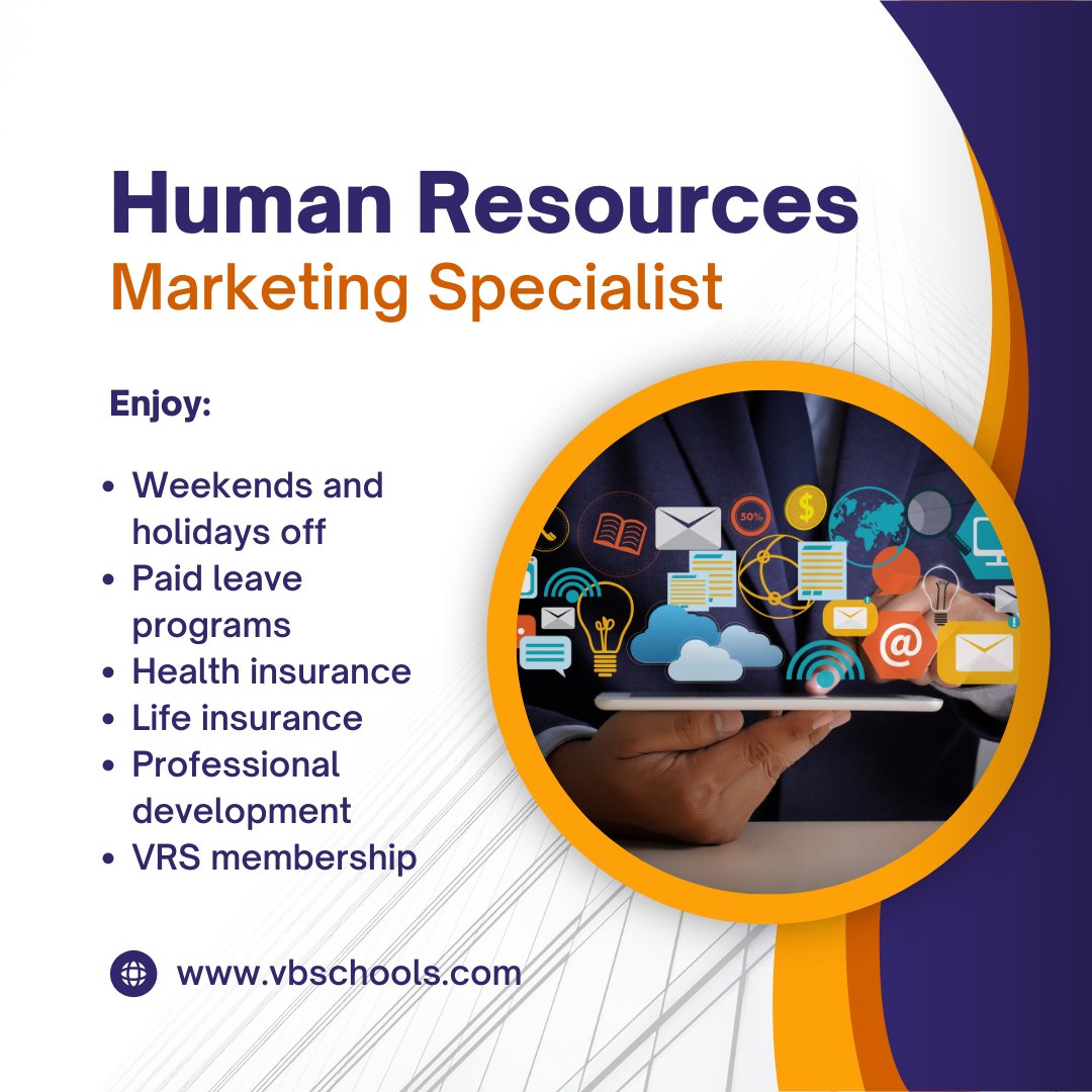 VBCPS_HR's tweet photo. This position is responsible for developing/implementing strategic marketing decisions to attract qualified talent to VBCPS. In addition, support HR initiatives including the recruitment/retention plan, various technologies and social media.

Apply by 8/6: https://t.co/wUxcsv7mO7 https://t.co/G8baRWhlx0