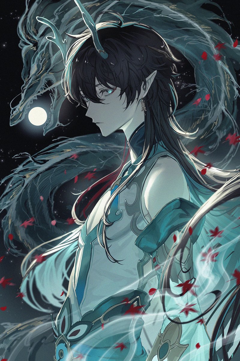 1boy male focus long hair black hair pointy ears solo looking at viewer  illustration images