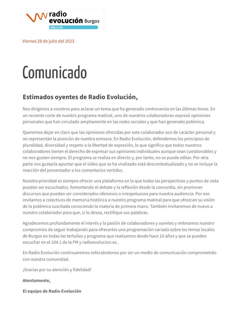 RADIOEVOLUCION6's tweet photo. Comunicado de Radio Evolución Burgos: https://t.co/bmzYYtVlIC