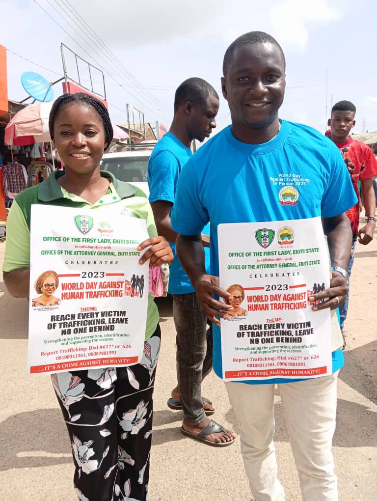 SODEF_'s tweet photo. To Commemorate World Day Against Human Trafficking in Ekiti State 

Office of the First Lady in collaboration with the office of the Ekiti state  Attorney General staged a walk from Irona market to Fajuyi market sensitizing the community on the need to stay https://t.co/4lQ2DWcUky