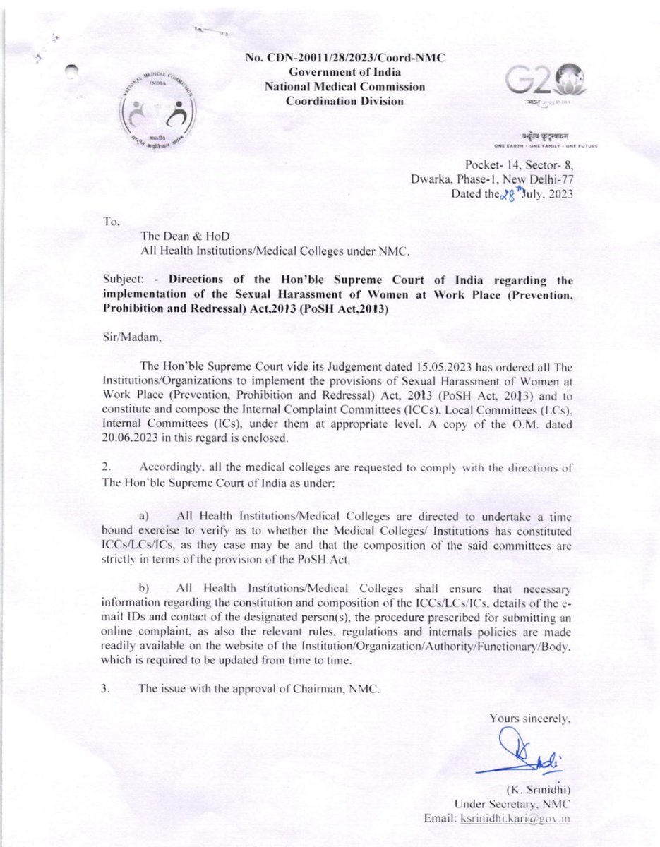 Directions of the Hon'ble Supreme Court of India regarding the implementation of the Sexual Harassment of Women at Work Place (Prevention. Prohibition and Redressal) Act.2013 (PoSH Act.2013)

Link: nmc.org.in/MCIRest/open/g…

#POSHAct #WomenSafety #SupremeCourtRuling