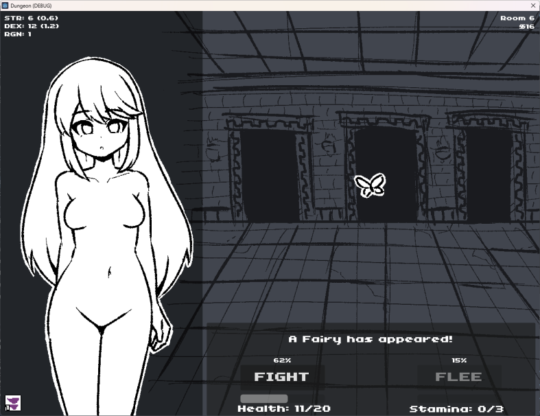 still haven't changed the UI, not gonna add that stupid bar on top of the FIGHT/FLEE buttons.
worked on effects, stats and stacking effects.
petrify +10% STR, -10% DEX per stack (max 4).
shrinking -40% STR, +20% DEX.

might implement an armor/defense stat. idk.
