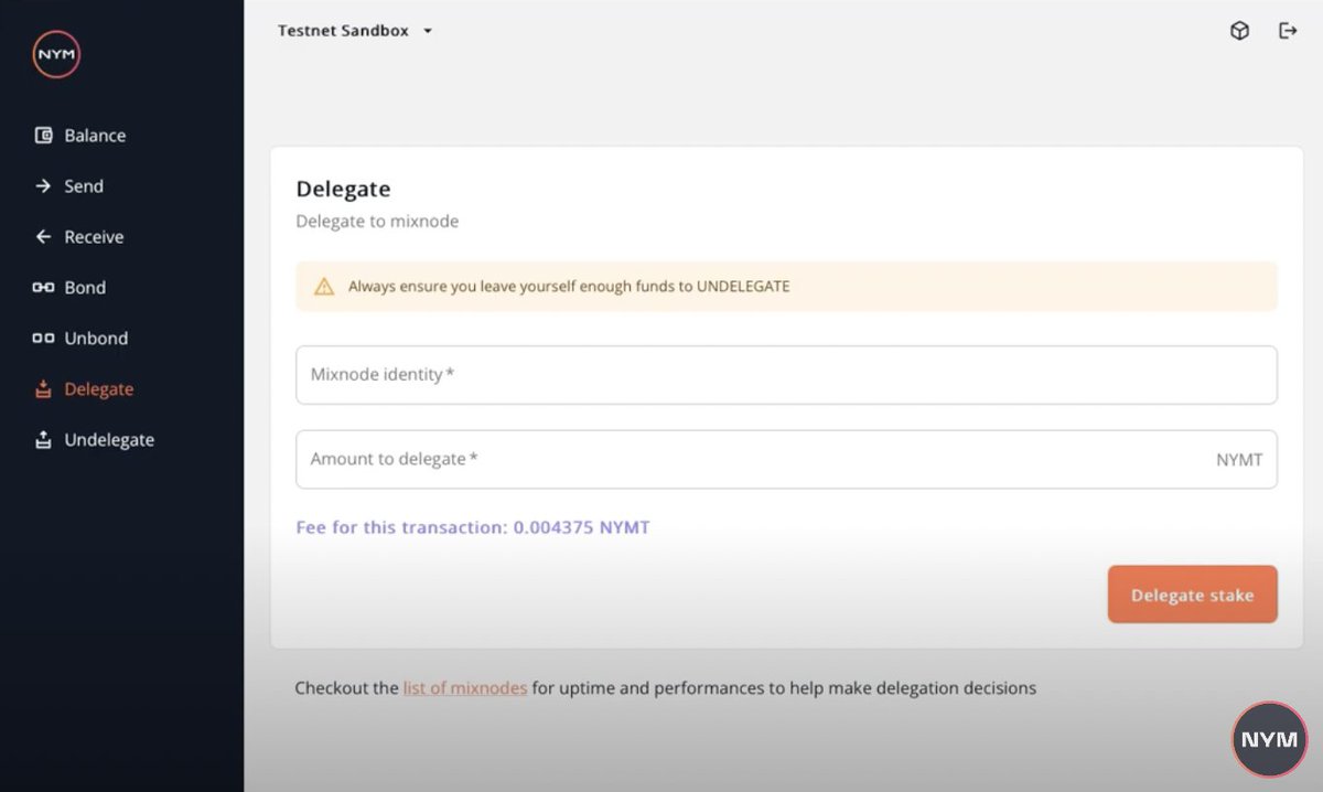 nym's tweet photo. 1/5 Interested in staking your $NYM? Here is a 4-step guide on how to delegate $NYM tokens to mixnodes using the Nym wallet:

1️⃣ Open the wallet and click on the "Delegate" menu. https://t.co/svZ0EvEqEs