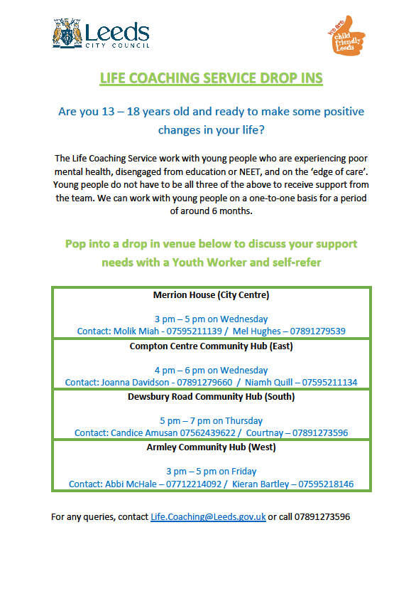 Looking for support for a young person aged 13-18? Life Coaching sessions will now be available every Thursday at Dewsbury Road Community Hub ⏰ 5:00pm - 7:00pm A friendly, open and welcoming service for those looking to make positive steps in shaping their future 🙂