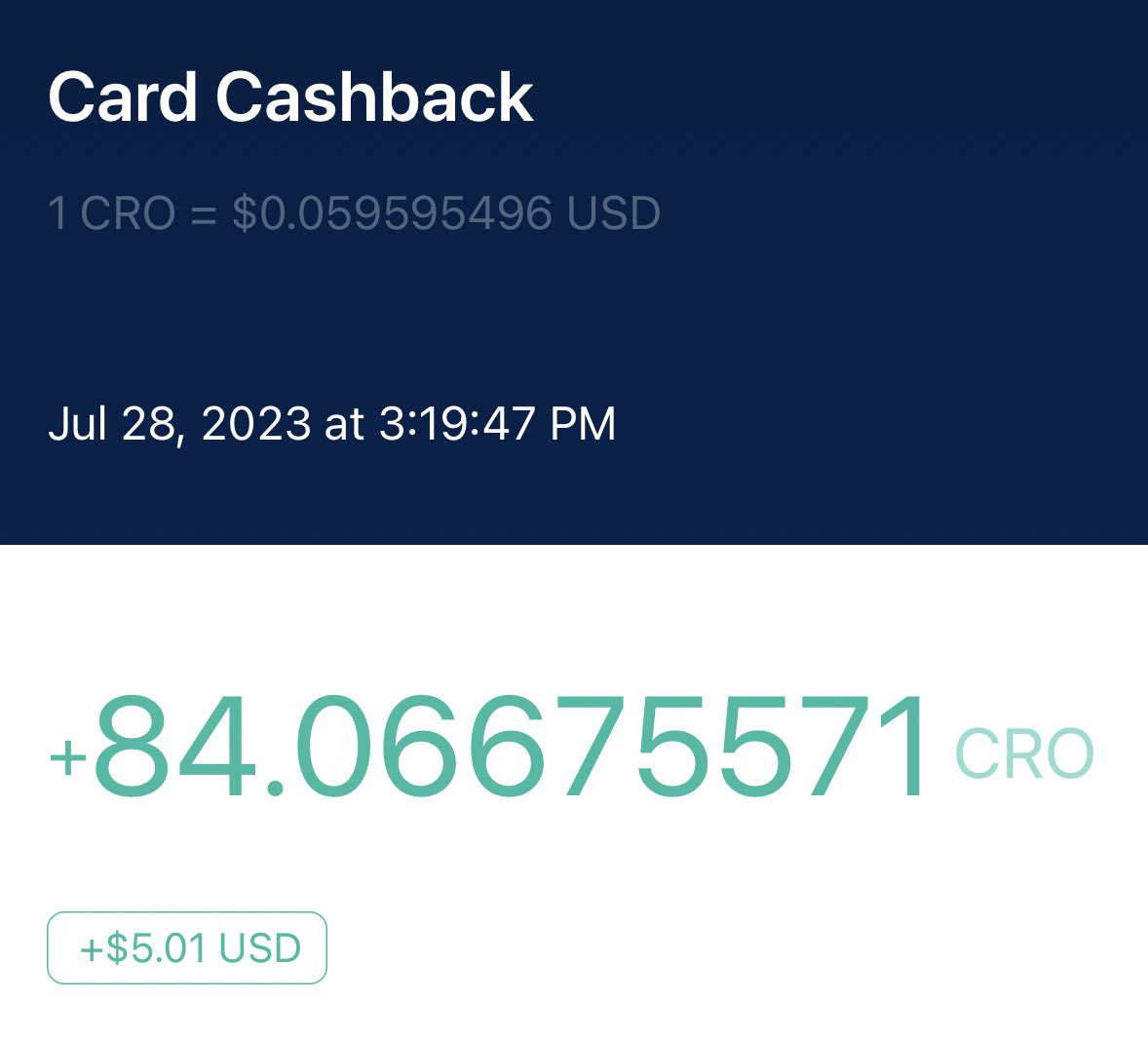 CriosXBT's tweet photo. The satisfying feeling of getting cash back on every #CryptocomVisaCard 💳  transaction. Priceless. 

#CRO #crofam #cronos #cryptocom #FFTB https://t.co/QGoqZyO51l