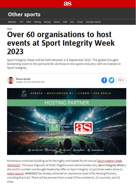 SIGAlliance's tweet photo. Media giants @diarioas @US_diarioas  are among the 62 Hosting partners that already joined forces w/ SIGA for the #SIW2023, the biggest-ever #SportIntegrity celebration.
SAVE THE DATE
2-9 September 2023
Join this Global Movement!
🎯https://t.co/IHugsvOnBh https://t.co/RKYNvscYzj