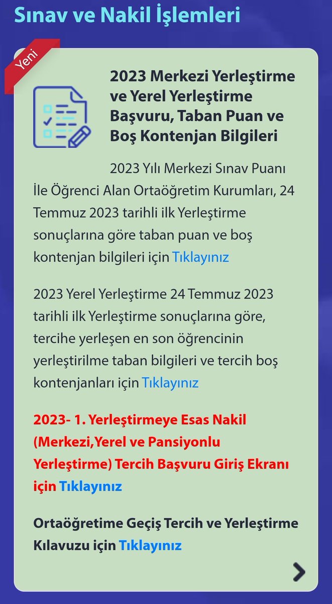 📢"2023- 1. Yerleştirmeye Esas Nakil (Merkezi,Yerel ve Pansiyonlu Yerleştirme) Tercih Başvuruları" bugün sona eriyor. 

🔗e-okul.meb.gov.tr

<a href="/tcmeb/">Millî Eğitim Bakanlığı</a> <a href="/Yusuf__Tekin/">Yusuf Tekin</a>
<a href="/memleventyazici/">Levent Yazıcı</a>