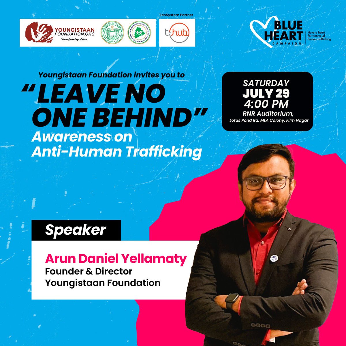 Join us for a special public dialogue to commemorate ‘World Day Against Trafficking in Persons’. Highlights: Survivor Stories, Art Exhibition, Lightning Talks, live performance from @bandcapricio and more. #EndHumanTrafficking #LeaveNoOneBehind @HiHyderabad @swachhhyd #India