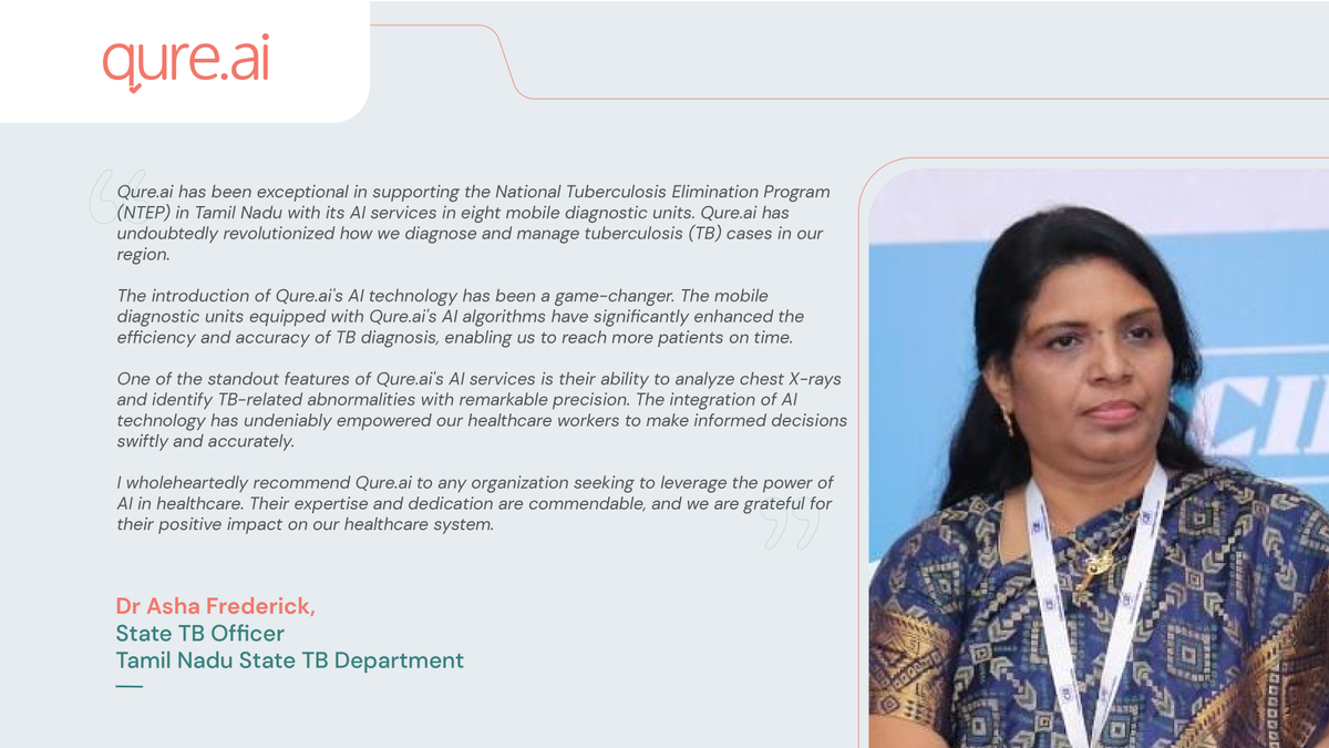 qure_ai's tweet photo. Qure’s AI solutions are transforming workflows and management of TB cases in Tamil Nadu, enabling healthcare professionals like Dr. @frederick_asha to provide more efficient patient care. Here’s what Dr. Fredrick had to say when asked why @qure_ai is an invaluable partner in the fight against TB in the state.
@SamridhHealth @IPEGlobal @shibuvij @bhargavaiitb @anumeha_s @RonikaSG @bose101 @USAID