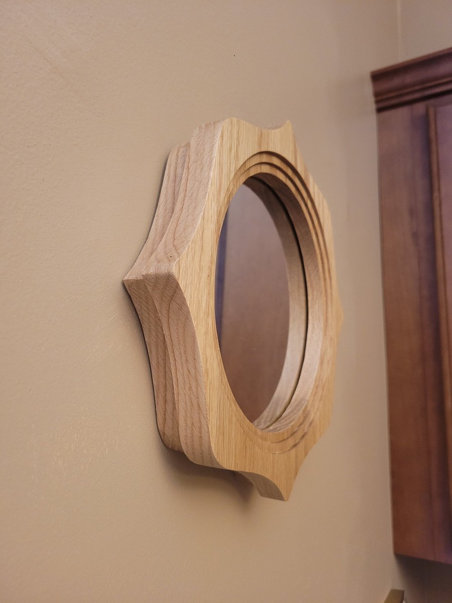 bennash's tweet photo. I completed the mirror. I forgot to take pics of the hanging hardware before gifting it. The two layers can unscrew apart to replace the glass if needed, and there was a metal keyhole slot. #shapeoko #cncrouter https://t.co/GUdKgfBQiu
