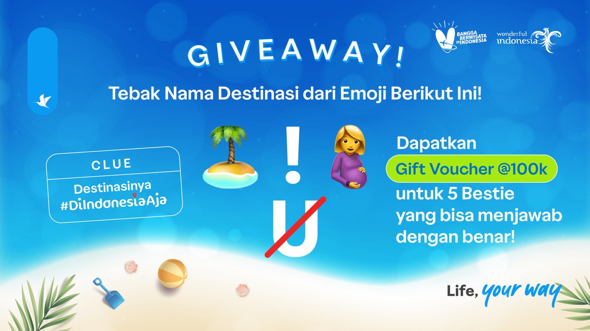 Main tebak - tebakan dulu yuk! Ada Gift Voucher total senilai 500rb buat Bestie Mimin yang bisa menjawab benar! 🎁

Langsung reply tweet ini jawaban kamu dan pakai #DiIndonesiaAja #BanggaBerwisataDiIndonesia #WonderfulIndonesia #LifeYourWay sebanyak-banyaknya. GOOD LUCK! ✨🎉