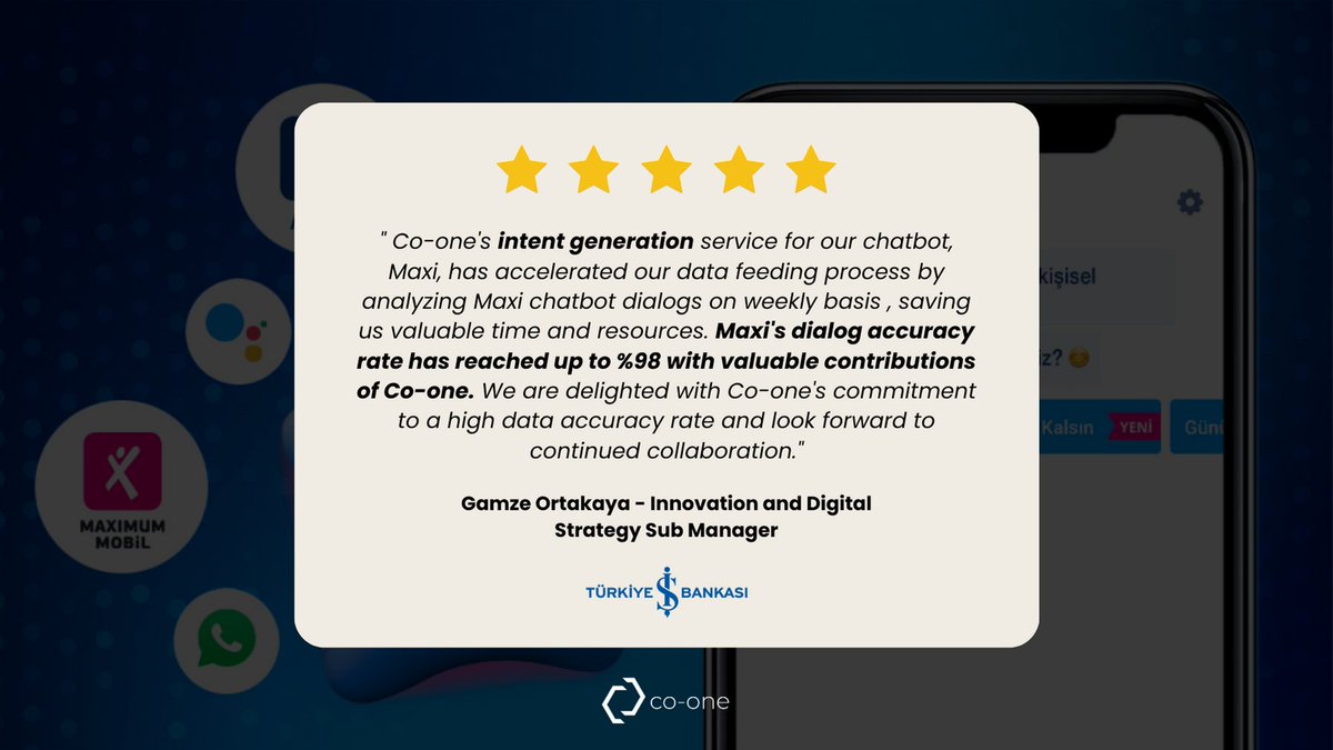cooneAI's tweet photo. π We celebrate the success of our collaboration with @isbankasi chatbot, Maxi! π€
Our #intentgeneration service has boosted Maxi's dialog accuracy by up to 98%, and we're thrilled to continue feeding Maxi with valuable data to achieve even greater results together. π https://t.co/JXkGsrQdBp