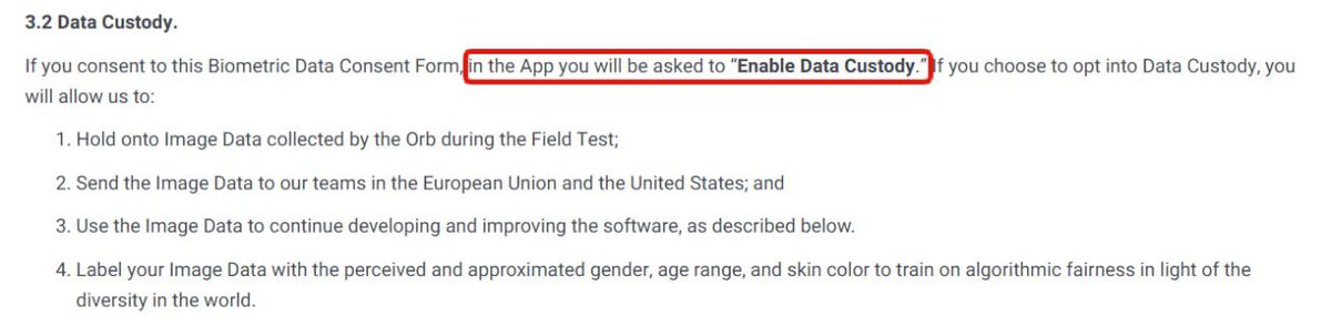 m__btc's tweet photo. Worldcoin is using the orb to harvest biometric data. They use the data to train and test facial recognition algorithms. To make things worse, they are hiding consent in the app under ‘Help improve Worldcoin’ instead of making the consent obvious, like they claim in their TOS. https://t.co/jmbTQQgT2k
